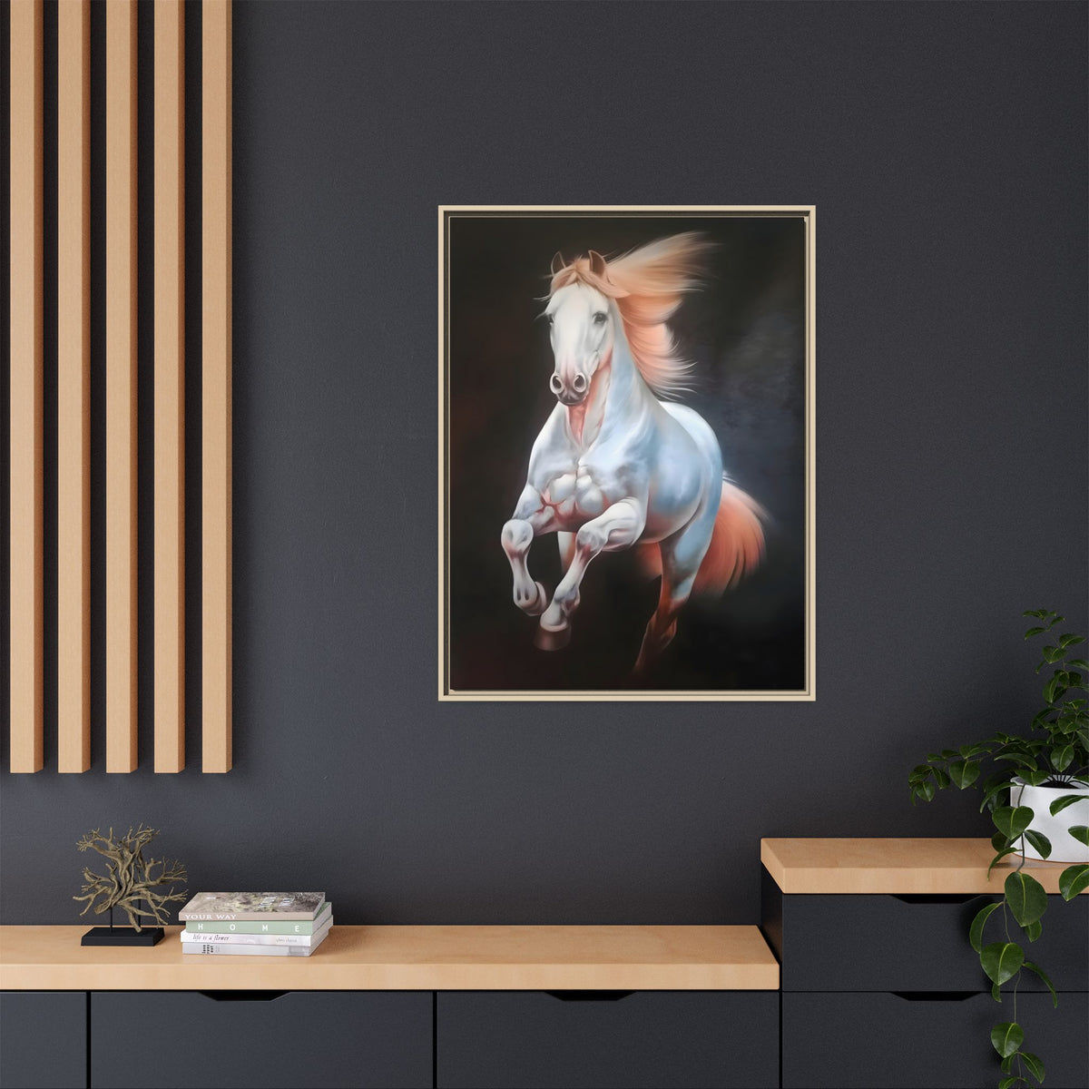 Framed Matte Canvas Print — Majestic White Horse Leaping (Multi-Color)