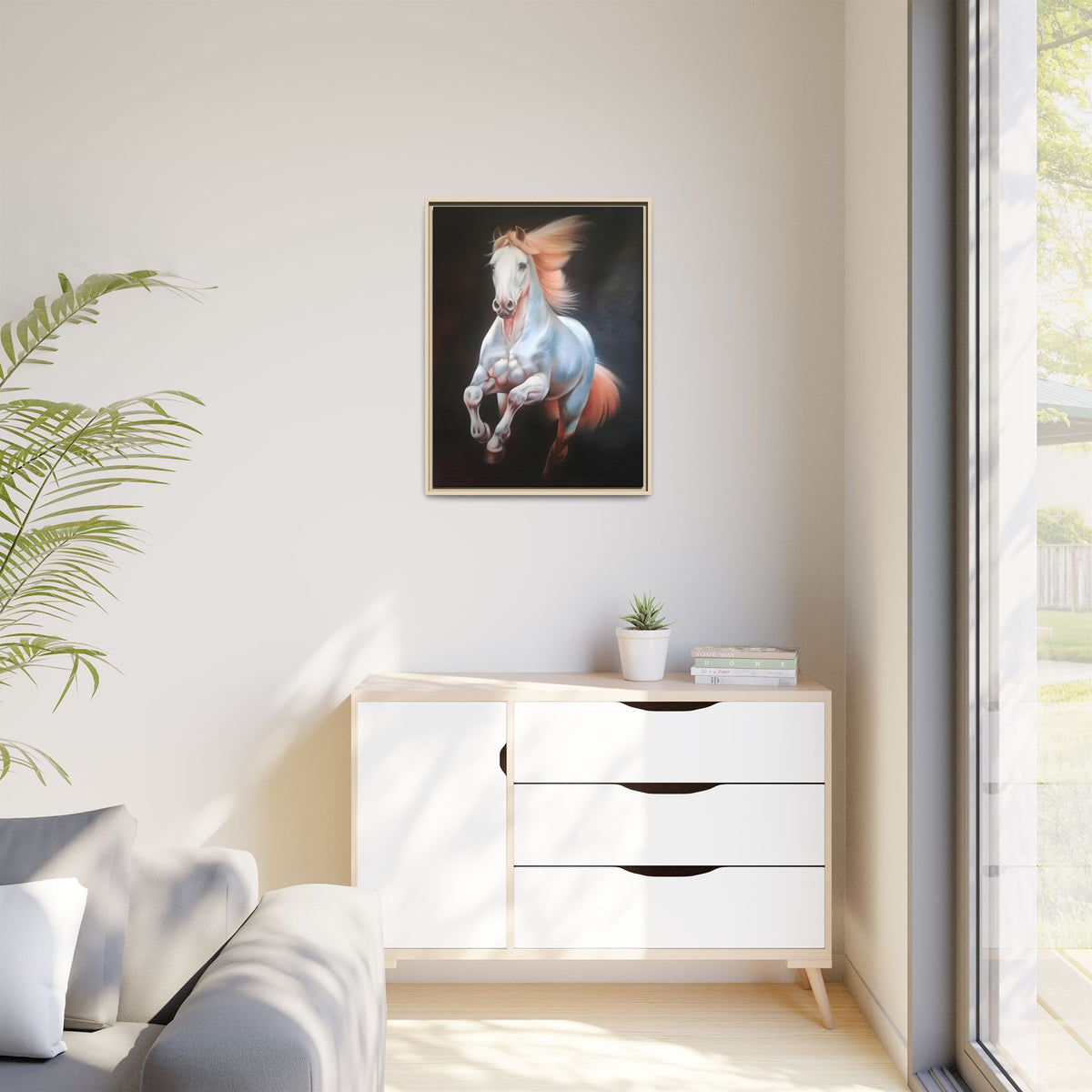 Framed Matte Canvas Print — Majestic White Horse Leaping (Multi-Color)