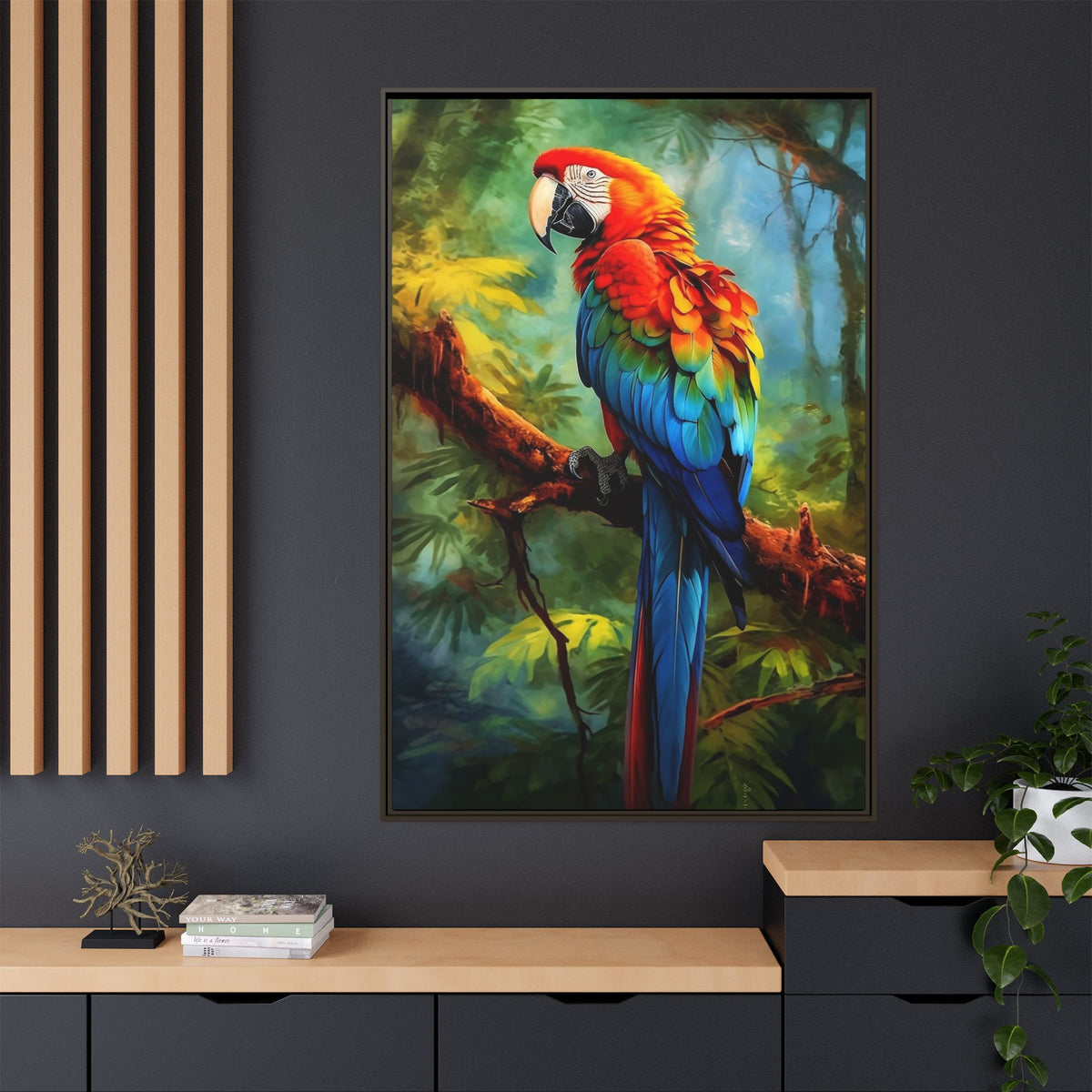 Framed Parrot Canvas Print — Colorful Tropical Macaw Wall Art
