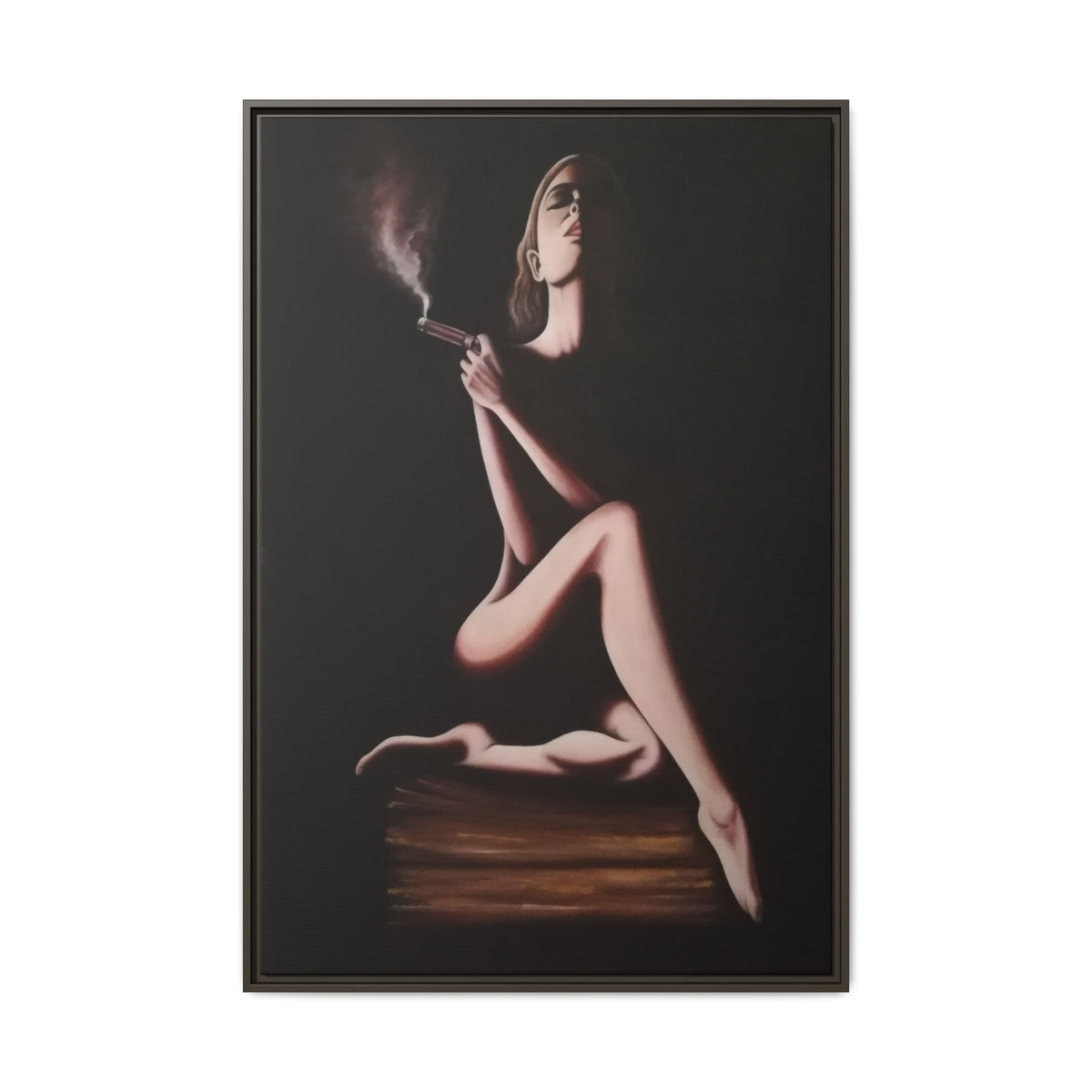 Framed Matte Canvas Art — Noir Smoking Femme: Elegant Dark Wall Print