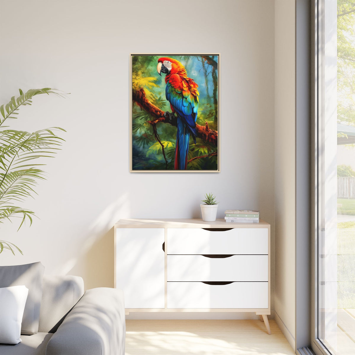 Framed Parrot Canvas Print — Colorful Tropical Macaw Wall Art