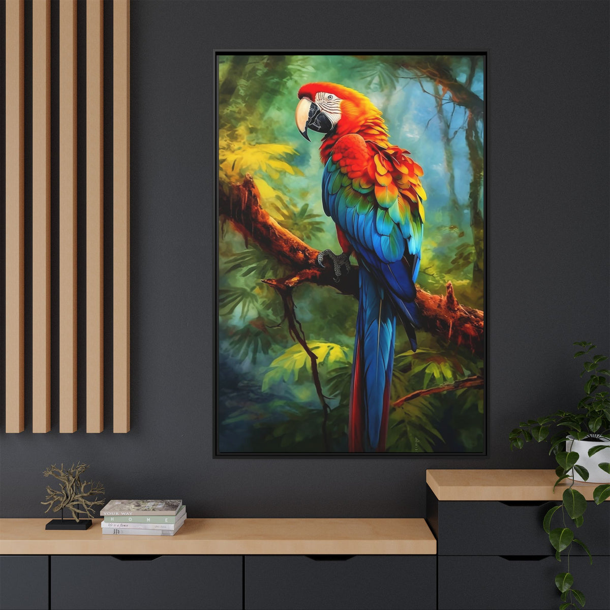Framed Parrot Canvas Print — Colorful Tropical Macaw Wall Art