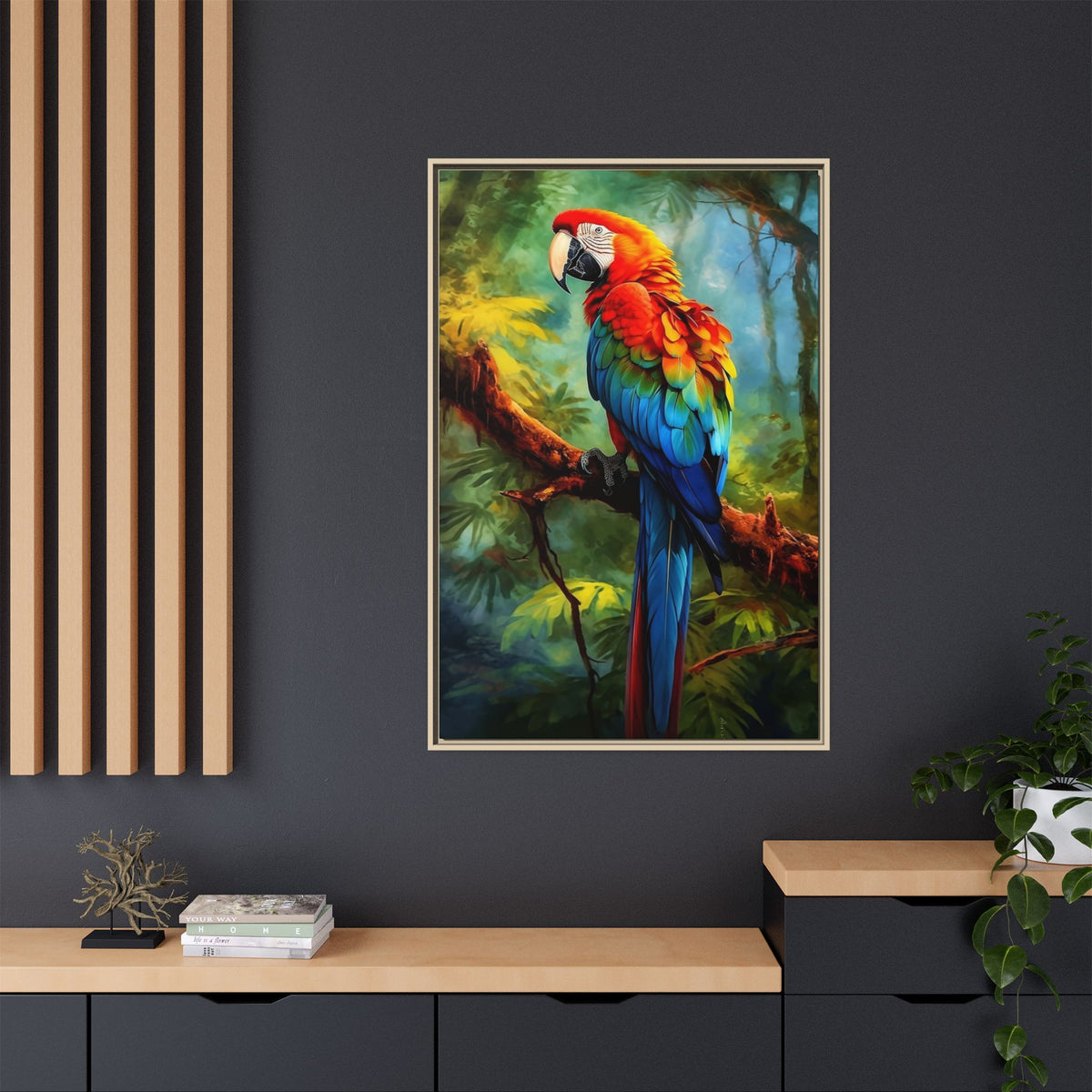 Framed Parrot Canvas Print — Colorful Tropical Macaw Wall Art