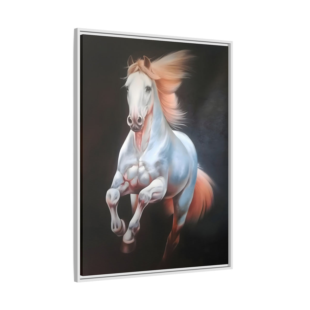 Framed Matte Canvas Print — Majestic White Horse Leaping (Multi-Color)