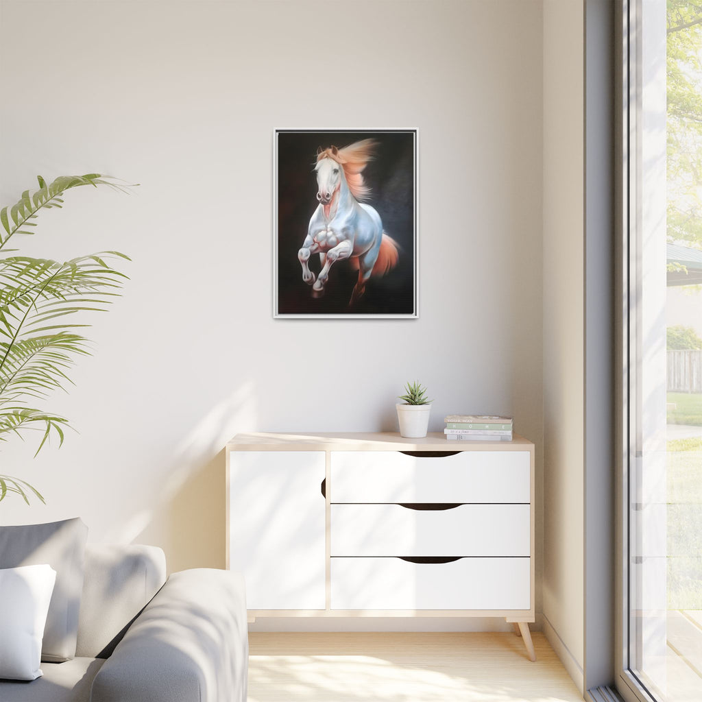 Framed Matte Canvas Print — Majestic White Horse Leaping (Multi-Color)