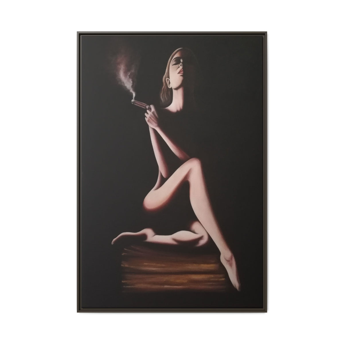 Framed Matte Canvas Art — Noir Smoking Femme: Elegant Dark Wall Print