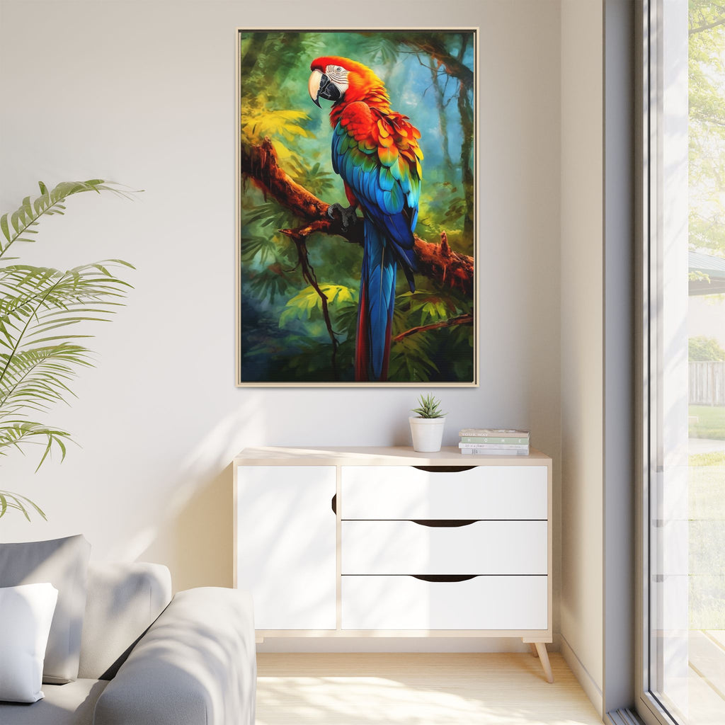 Framed Parrot Canvas Print — Colorful Tropical Macaw Wall Art