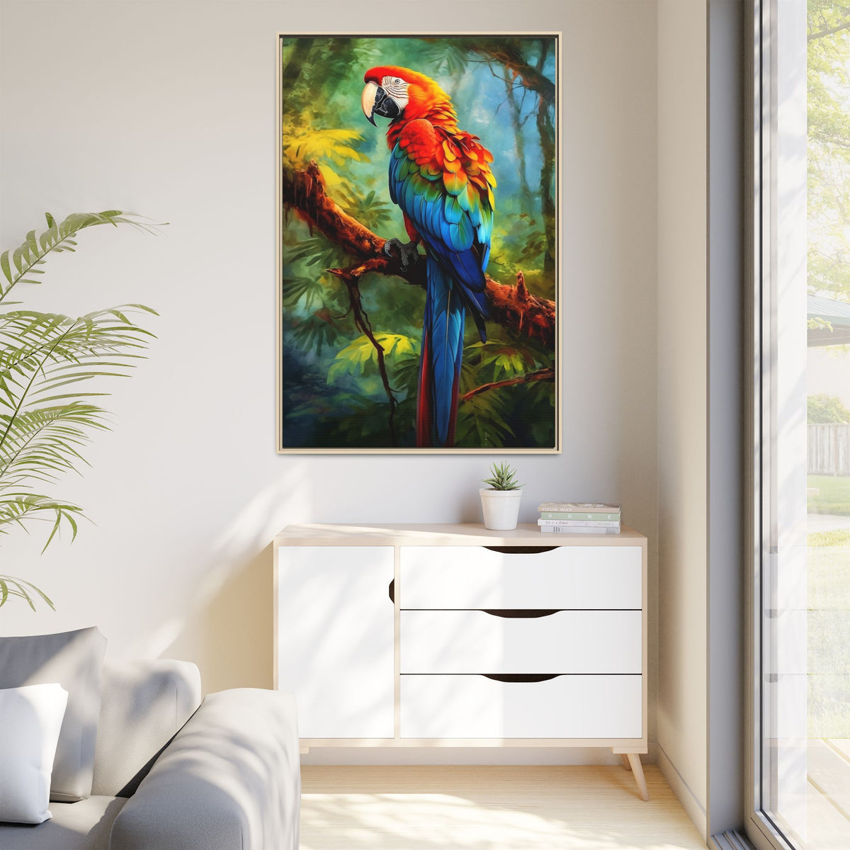 Framed Parrot Canvas Print — Colorful Tropical Macaw Wall Art