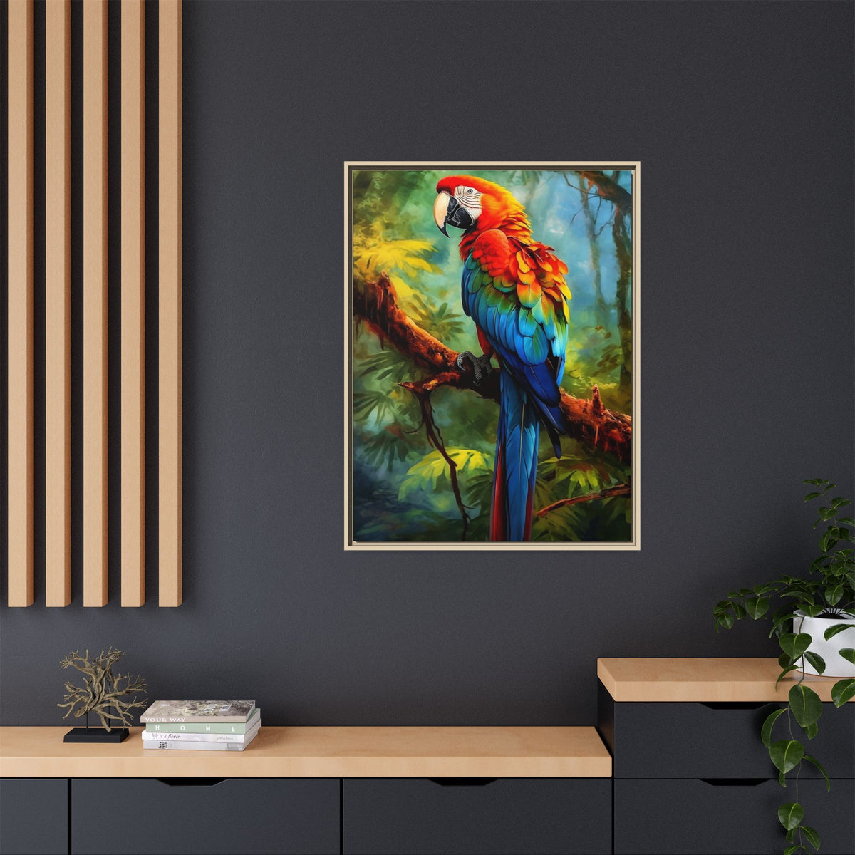 Framed Parrot Canvas Print — Colorful Tropical Macaw Wall Art