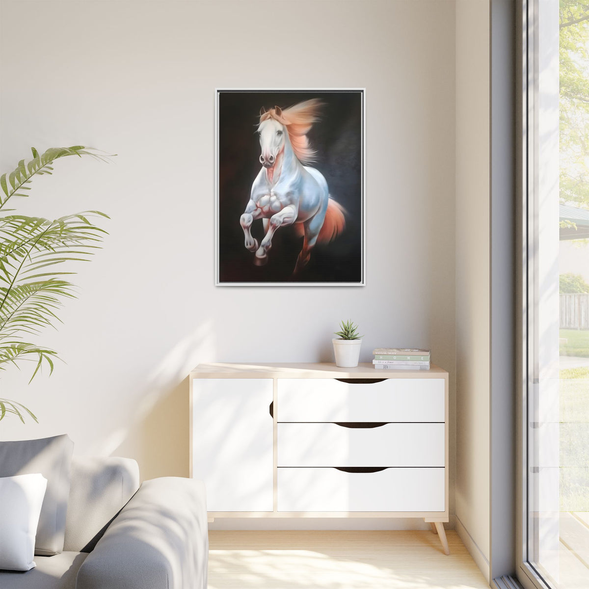 Framed Matte Canvas Print — Majestic White Horse Leaping (Multi-Color)