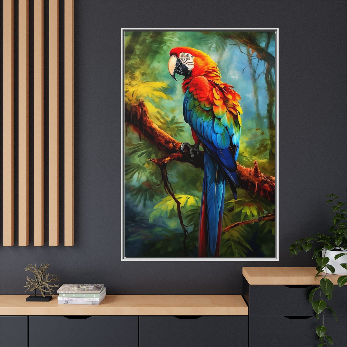 Framed Parrot Canvas Print — Colorful Tropical Macaw Wall Art