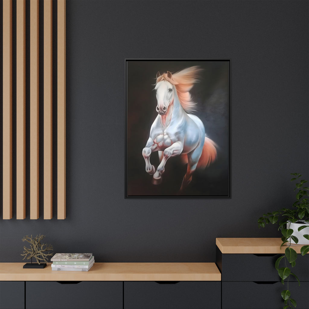 Framed Matte Canvas Print — Majestic White Horse Leaping (Multi-Color)
