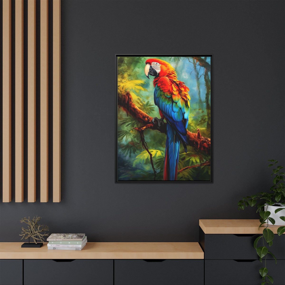 Framed Parrot Canvas Print — Colorful Tropical Macaw Wall Art