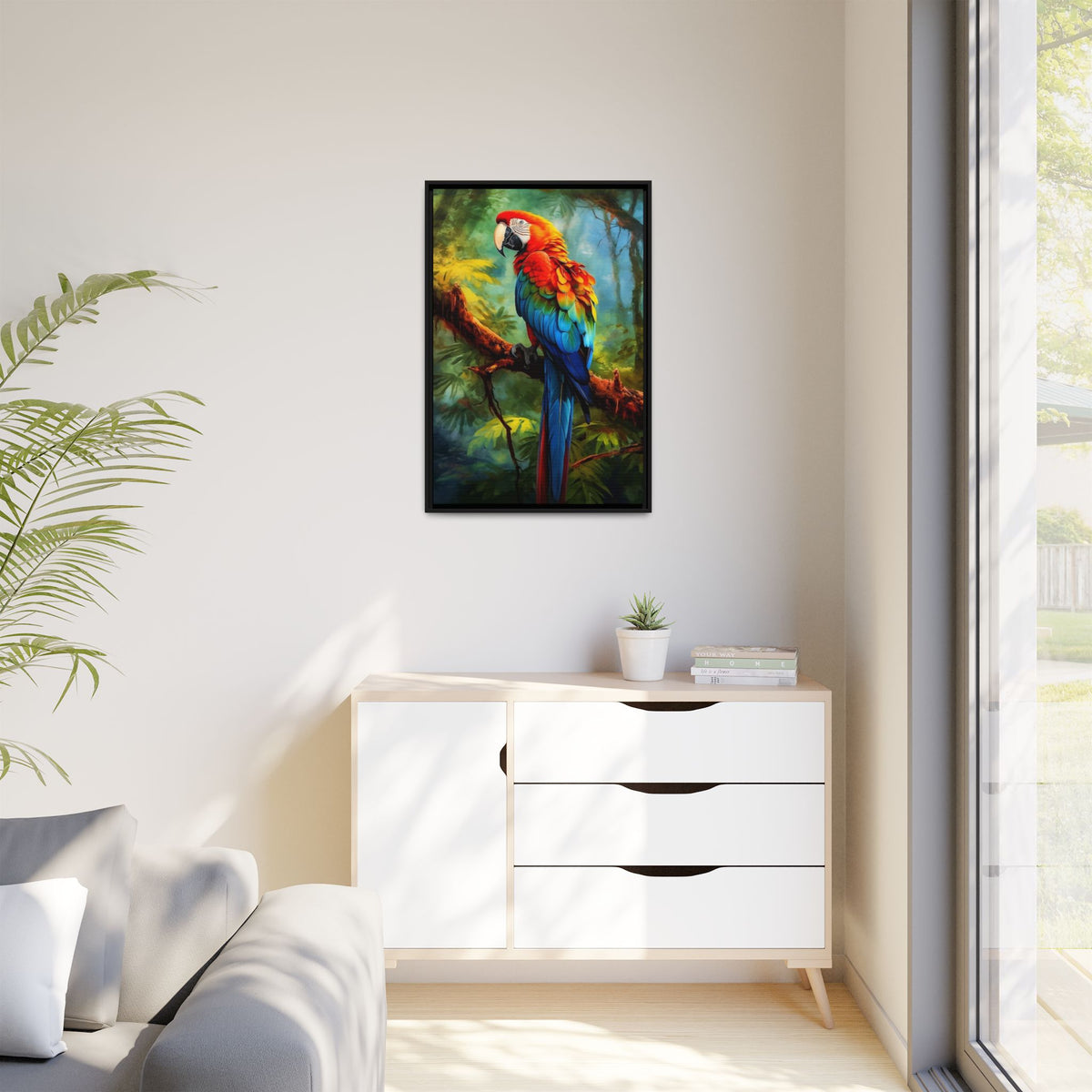 Framed Parrot Canvas Print — Colorful Tropical Macaw Wall Art
