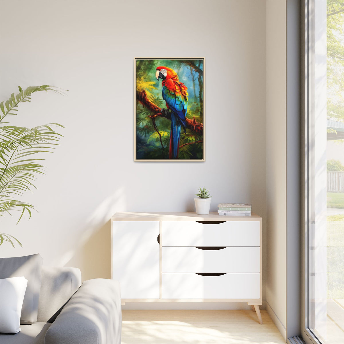 Framed Parrot Canvas Print — Colorful Tropical Macaw Wall Art