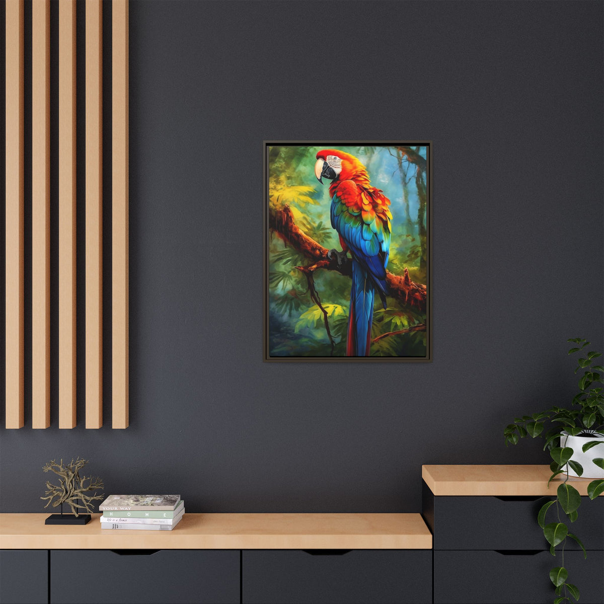 Framed Parrot Canvas Print — Colorful Tropical Macaw Wall Art