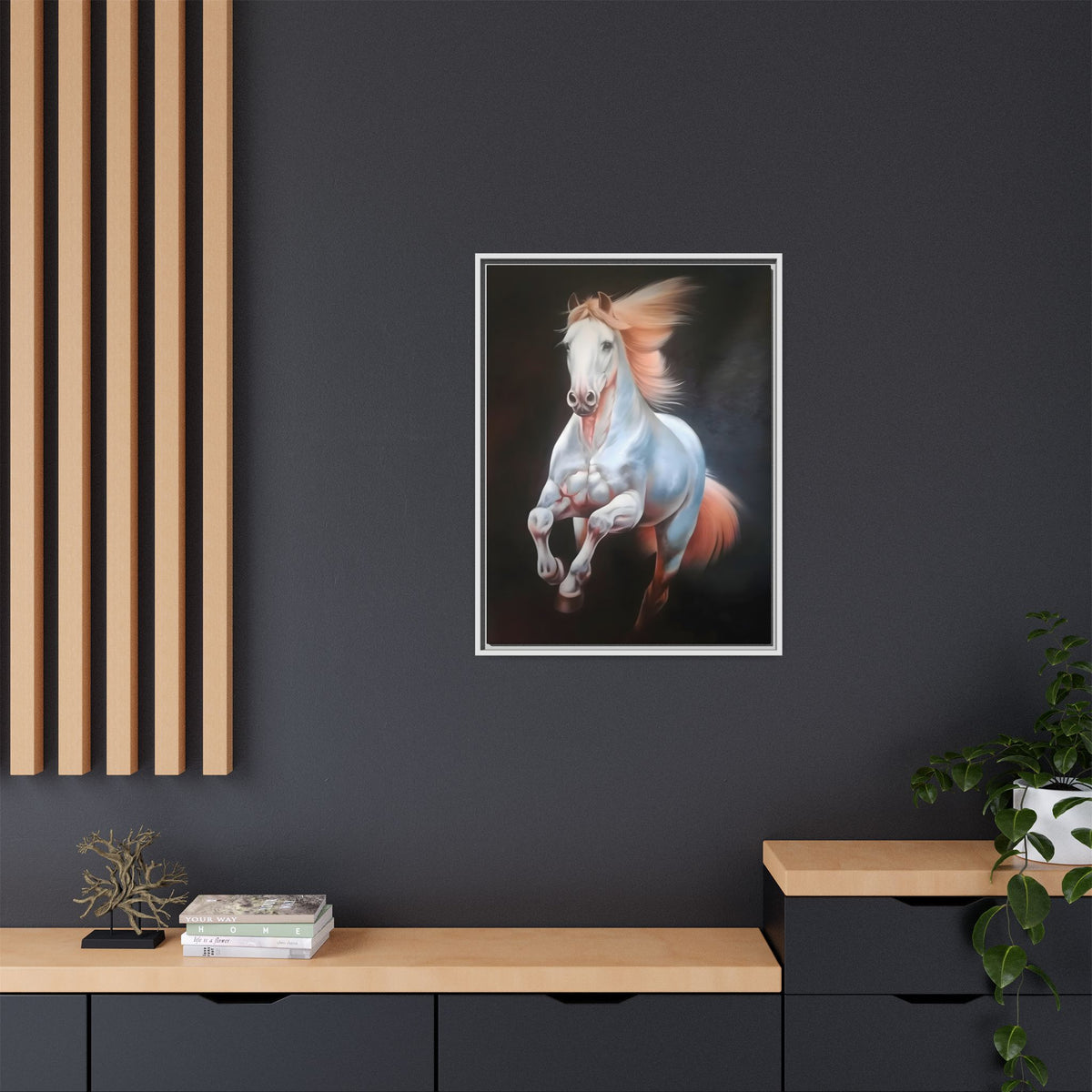 Framed Matte Canvas Print — Majestic White Horse Leaping (Multi-Color)